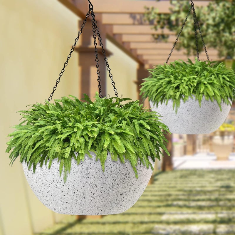 WOUSIWER 13 inch 2Pack Large Hanging Planters for Outdoor Indoor Plants with Drainage Holes and Chain, Round Hanging Flower Pots for Garden Home Porch Decor, White Speckles - Image 5